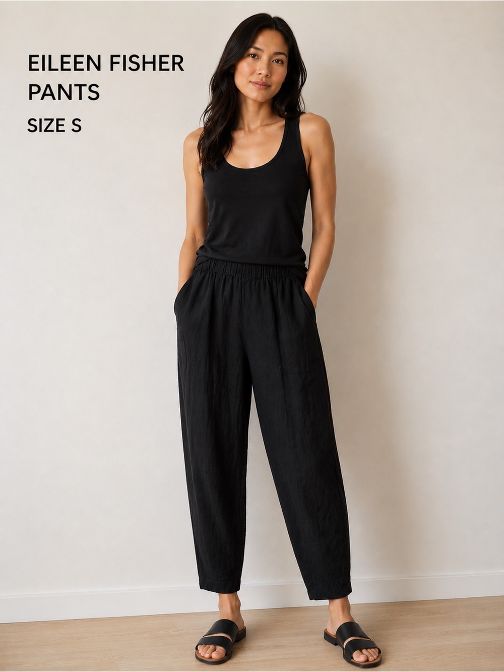 Eileen Fisher Organic Linen Black Relaxed Elastic-Waist Tapered Pants Sz S